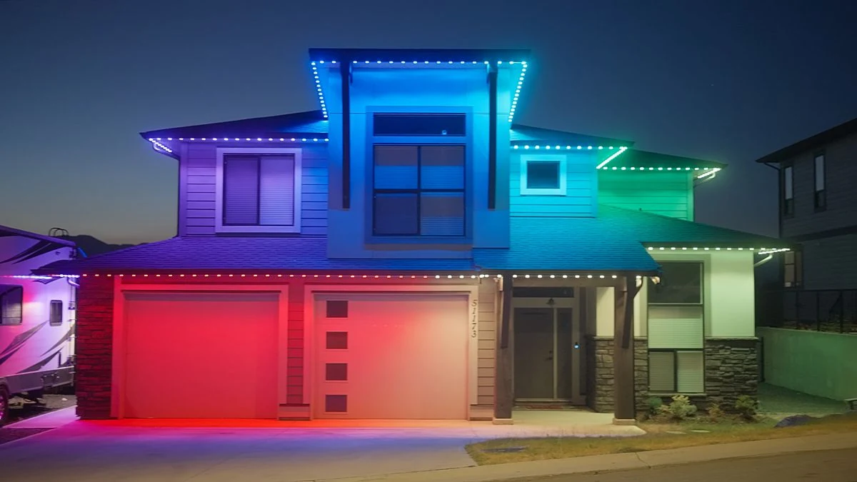 Watts permanent LED roofline lighting on a Castle Rock, Colorado home at dusk